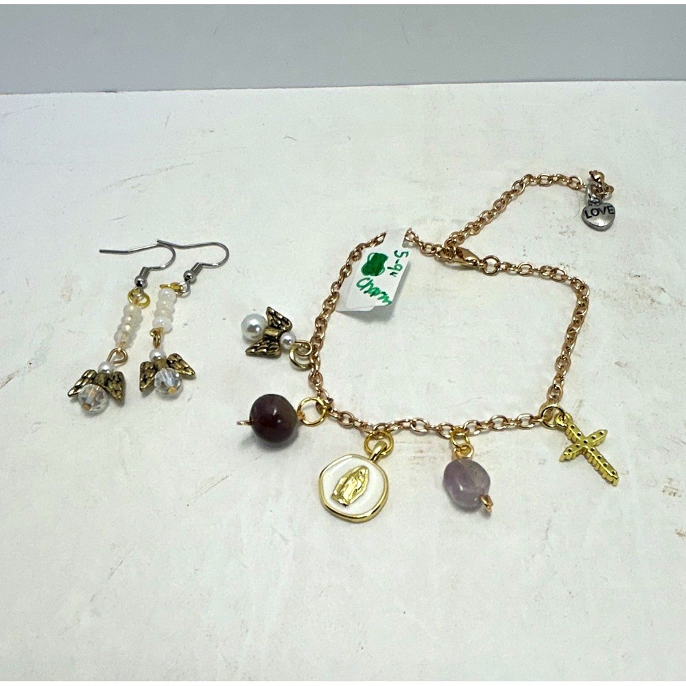 Handmade Jewelry Set Women 5-9 Gold Purple NEW Religious Charm Bracelet Earrings